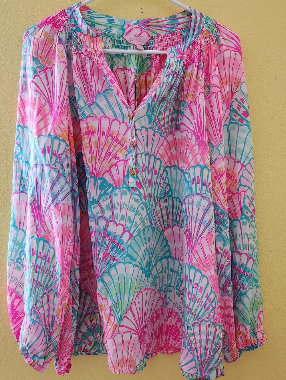 Lilly Pulitzer Elsa Silk Blouse "Oh Shello Shell Print
